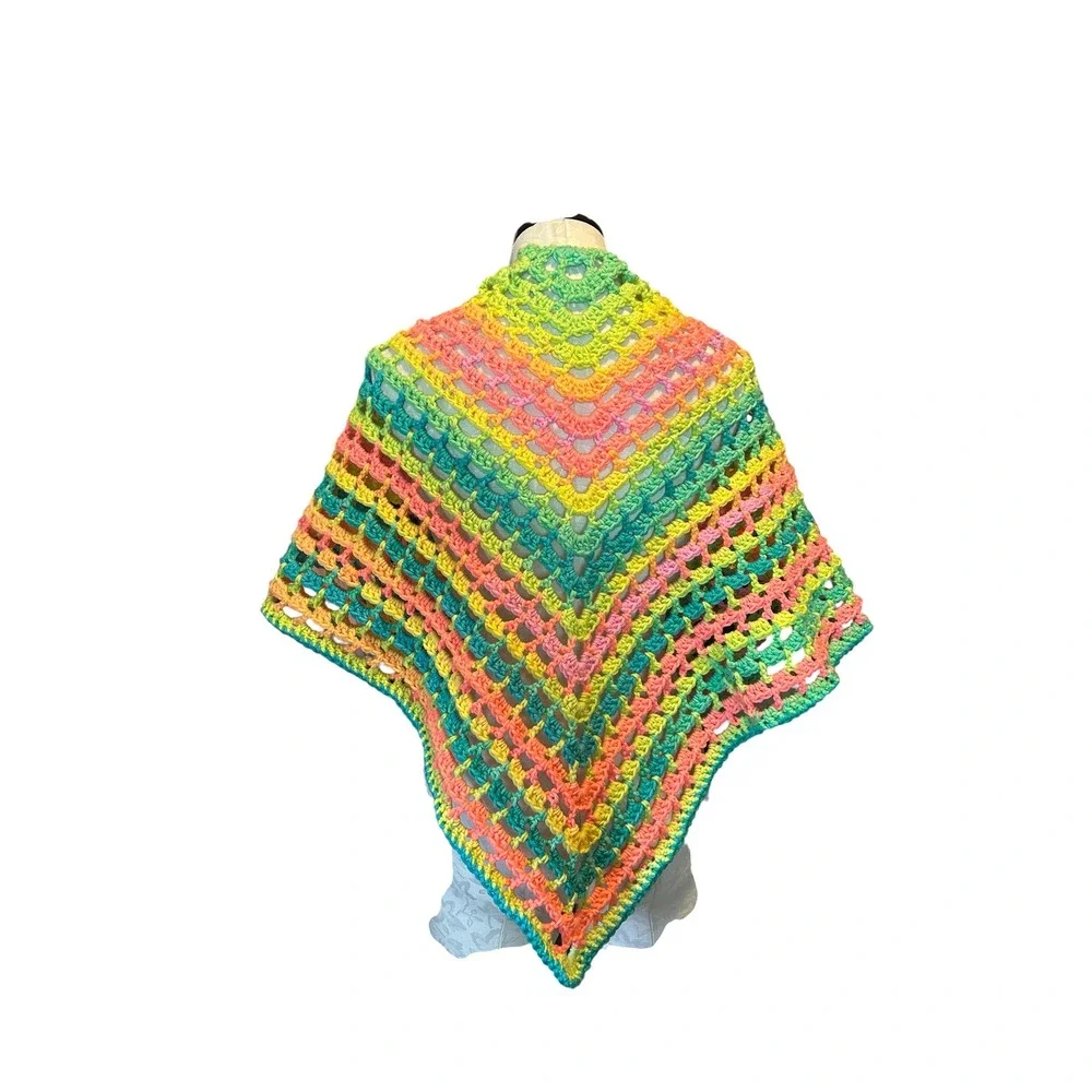 Handmade Crochet Rainbow Retro Stripes‎ Triangle Shawl Boho NEW Regaular Sz Neon